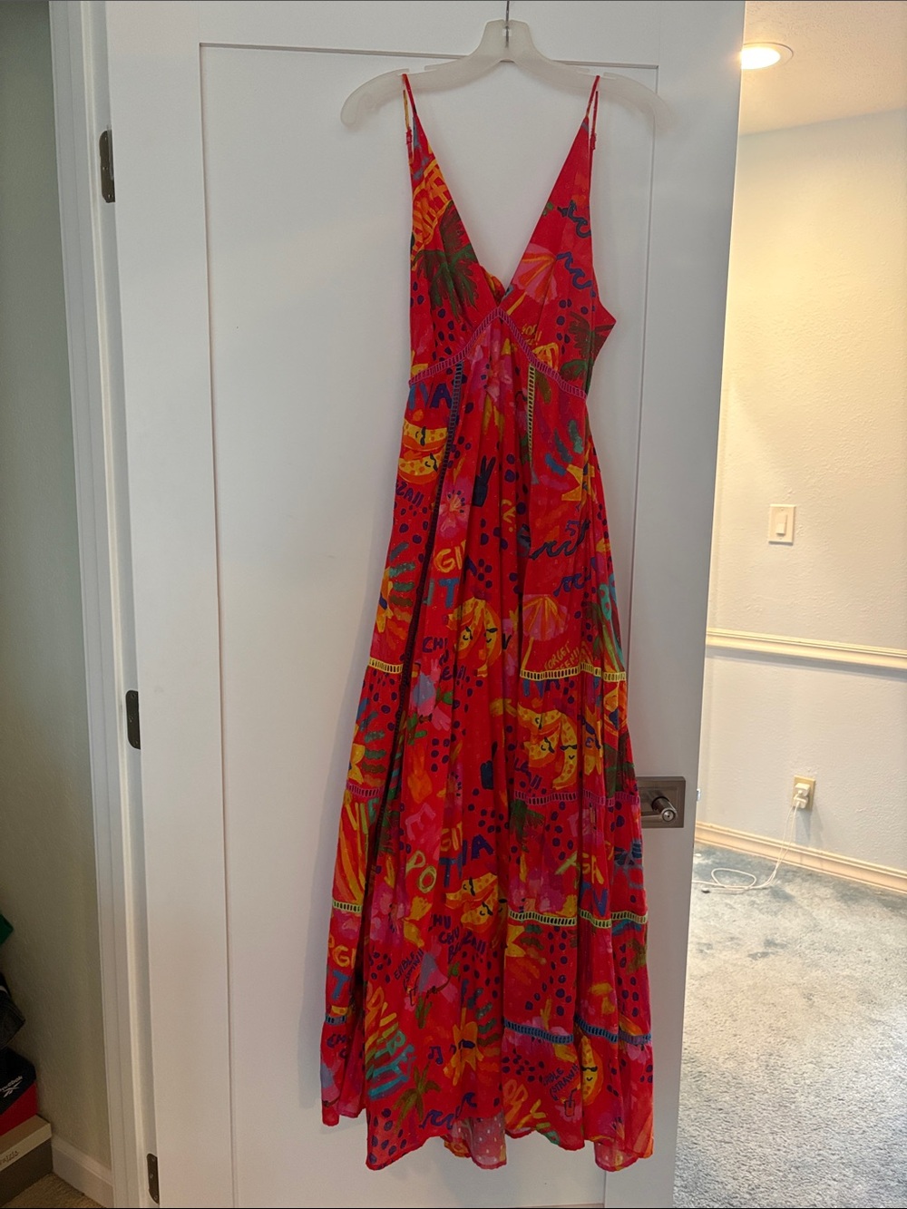 FARM Rio Red Tropical Print V‑Neck Maxi Dress Sz M